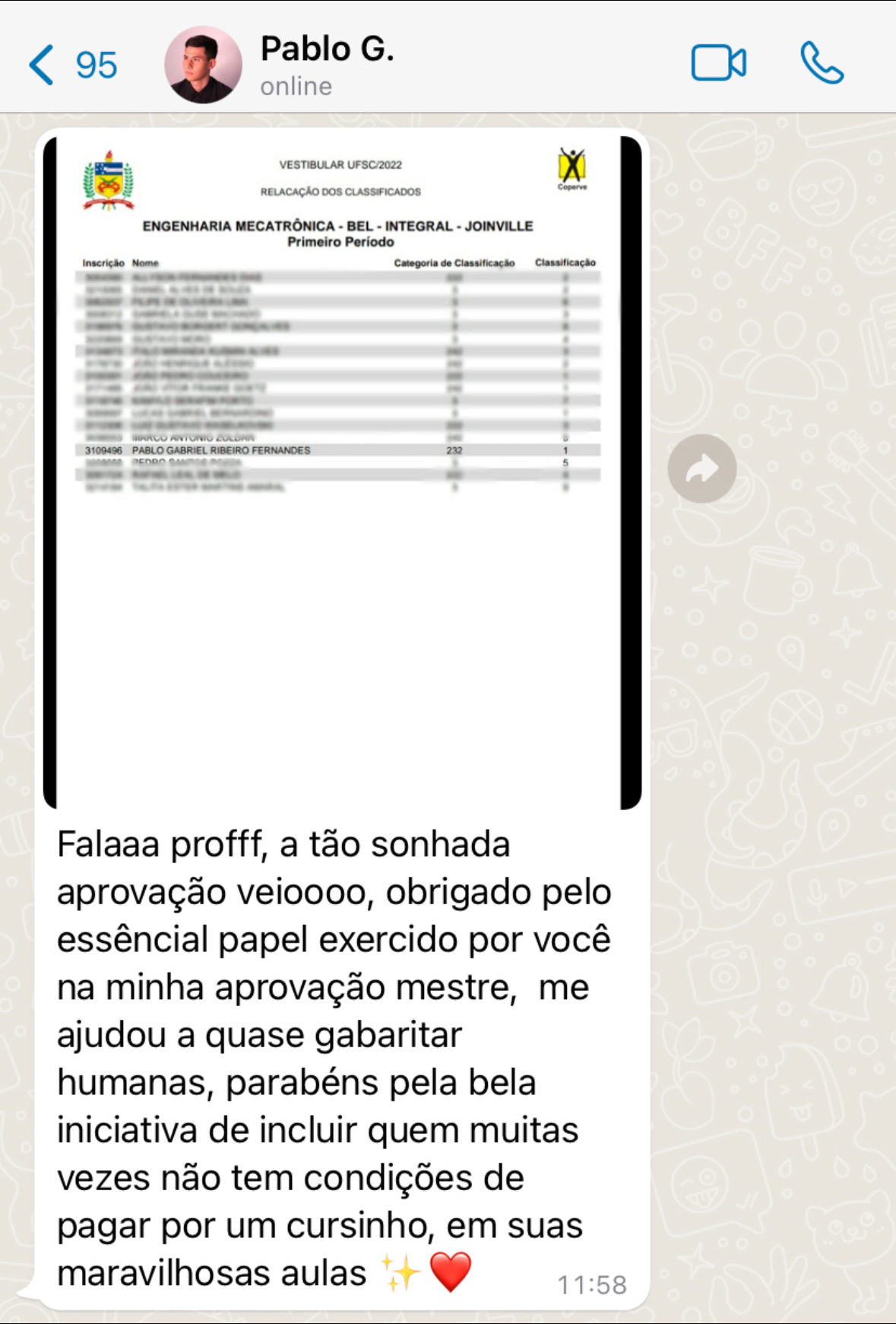 Pablo G. — aprovado em Engenharia Mecatrônica na UFSC